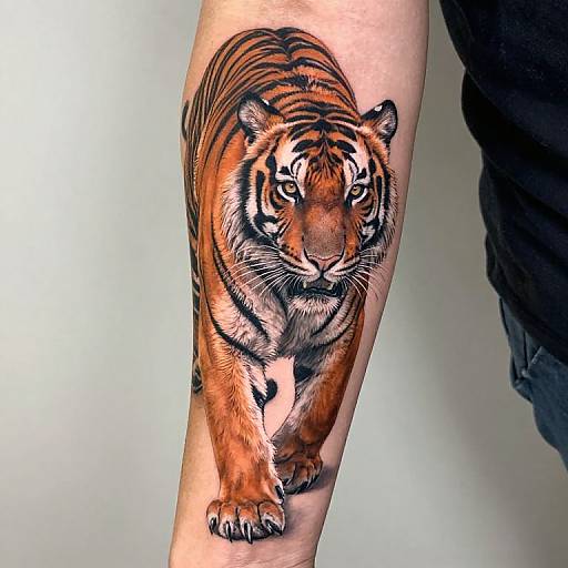 Photograph of a realistic, detailed tattoo of a fierce, orange-and-black tiger with intense eyes, walking on a person's arm.