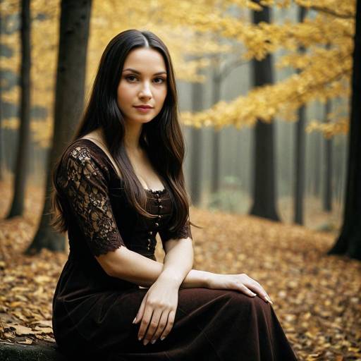 Young Woman in Black Dress Sitting in Autumn Forest