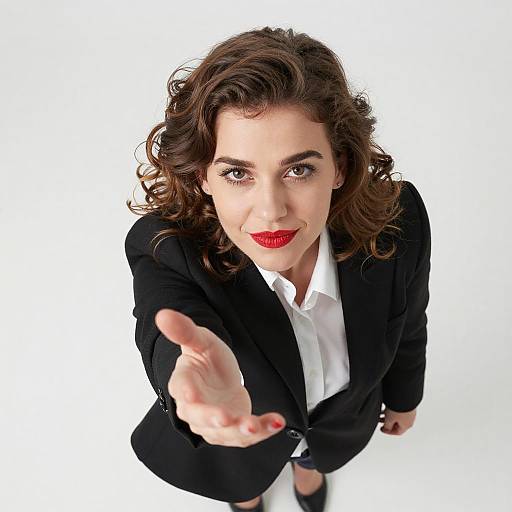 Photograph of a confident woman with wavy brown hair, red lipstick, black blazer, white shirt, extending her right hand forward, looking up