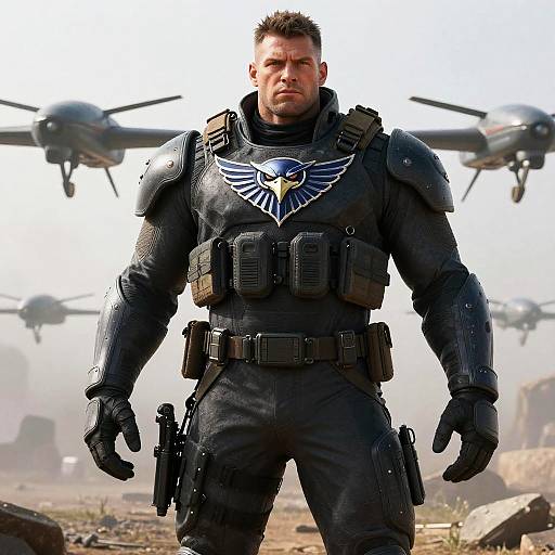 Photograph of a muscular, serious-looking man in black tactical armor with a wing emblem, standing in a dusty, war-torn landscape with helicopters in