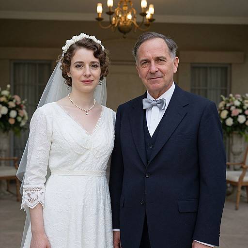 Photograph of a Caucasian bride in a white lace dress and veil, pearl necklace, and grey-haired groom in a black suit, standing in a warmly