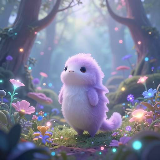 Digital artwork of a cute, fluffy white creature with large black eyes standing in a magical forest, surrounded by glowing flowers and soft, ethereal light.