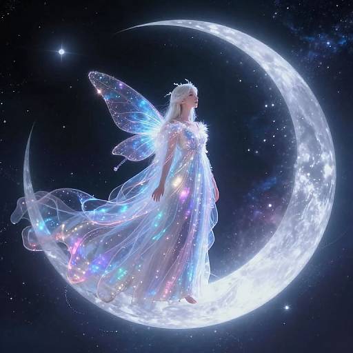 Digital artwork of a radiant, ethereal fairy with translucent wings and glowing dress, standing on a luminous crescent moon in a starry night sky