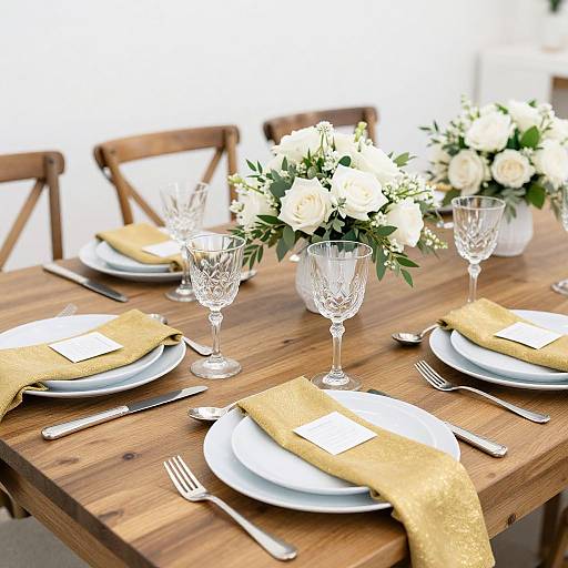 Elegant wooden dining table set with white plates, gold napkins, crystal glasses, and white floral centerpieces, ready for a formal meal. Photograph
