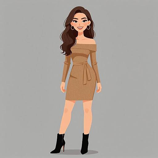 Digital illustration of a smiling woman with long brown hair, wearing an off-the-shoulder, ribbed, brown dress, black ankle boots, and