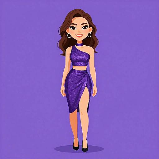 Cartoon woman with wavy brown hair, wearing a sparkling purple one-shoulder dress and black heels, standing confidently on a purple background.