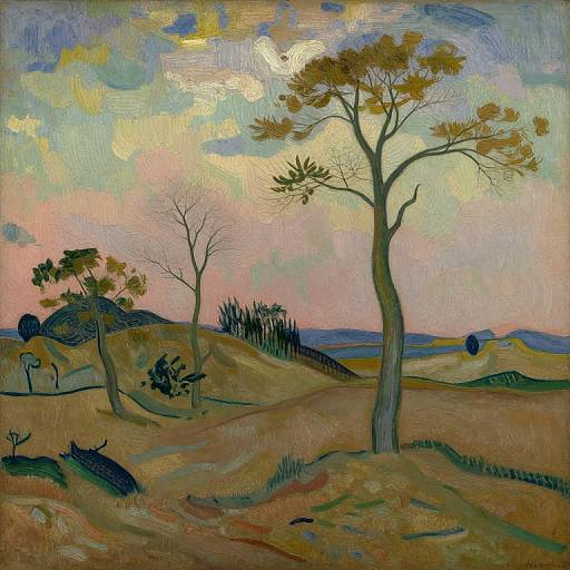 Impressionist-style painting of a sunset landscape with pastel skies, leafless trees, and rolling hills in earthy tones and textured brushstrokes