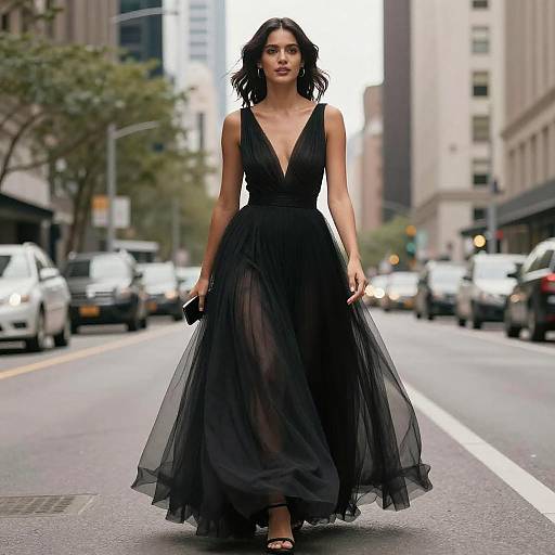 Elegant Woman in Black Gown on Street
