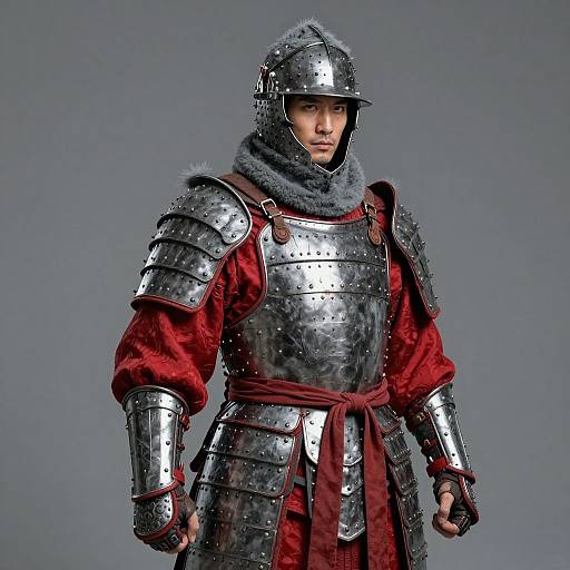 Photograph of a serious Asian male warrior in full medieval-style silver armor with red velvet sleeves and gray fur hood, set against a plain gray background.
