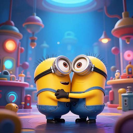 Digital illustration of two Minions, yellow and round with goggles, blue overalls, hugging in a colorful, futuristic laboratory with glowing lights.