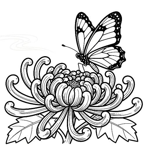 Ukiyo-e Butterfly and Chrysanthemum Line Art