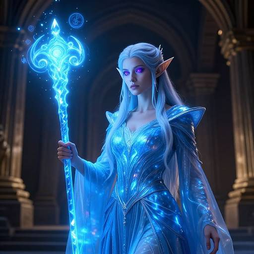 CGI fantasy image of an elf woman with long white hair, glowing blue eyes, and an ethereal blue dress, holding a radiant blue staff in