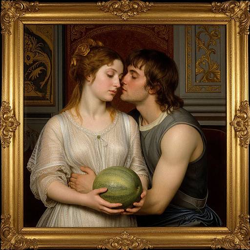 Classical painting of a young couple kissing, woman in white dress holding green orb, man in sleeveless gray shirt, ornate gold frame.