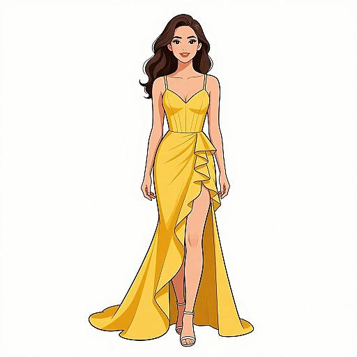 Digital illustration of a confident woman with long dark hair in a yellow, strapless, asymmetrical gown with a high slit, standing against a plain white