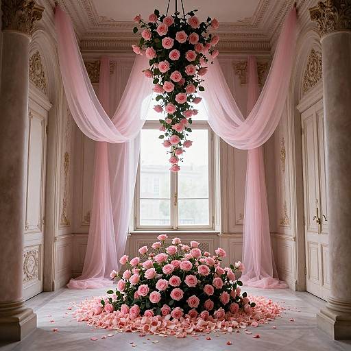 Photograph of an elegant, pastel pink room with ornate columns, large window, and two flower arrangements of pink roses, one hanging chandelier