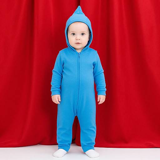 Photograph of a baby in a blue hooded onesie with a pointed hood, standing against a vibrant red curtain background.
