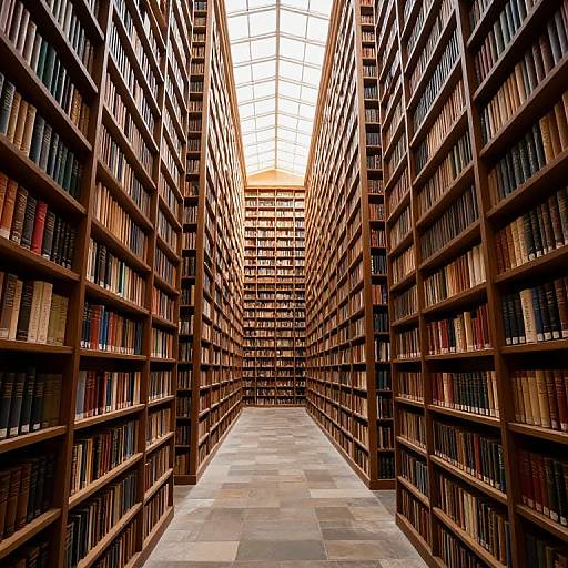 Photograph of a vast, wooden library with tall, evenly spaced bookshelves filled with multicolored books, converging under a bright, ar
