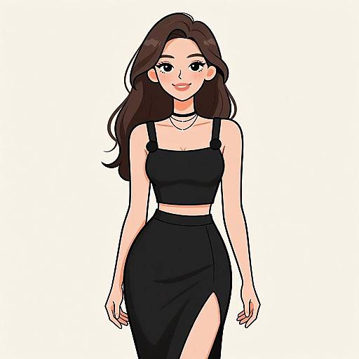 Digital anime-style drawing of a smiling woman with long brown hair, wearing a black crop top and high-waisted skirt with a side slit, against