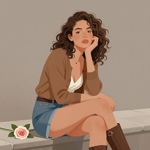 Curly-Haired Woman on Stone Ledge