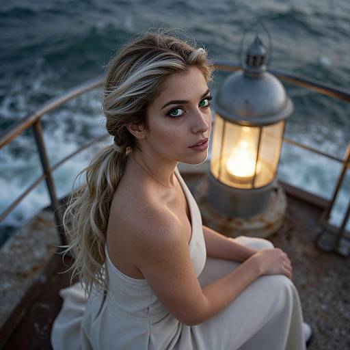 Photograph of a blonde woman with green eyes, wearing a white dress, sitting by a lantern on a rusty pier overlooking the ocean at dusk.