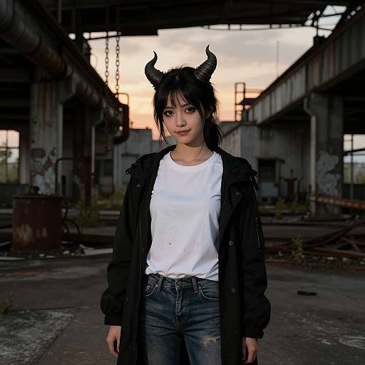 Photograph of an Asian woman with black horns, black jacket, white tee, and blue jeans, standing in an abandoned, industrial building at sunset.