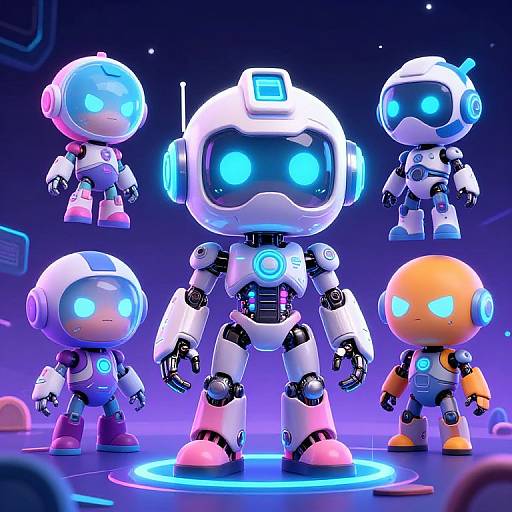 Digital artwork of five cute, glowing, chibi-style robots with blue and orange heads, standing in a futuristic, neon-lit space.