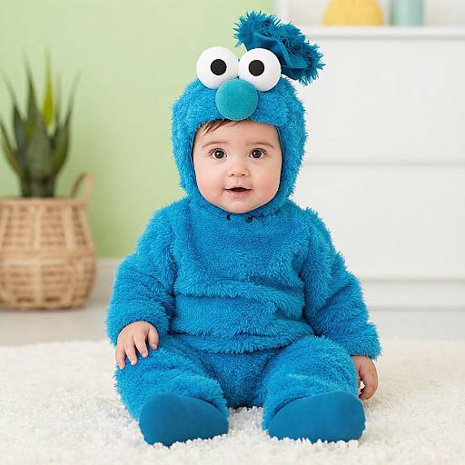 Photograph of a smiling baby in a blue, fuzzy Elmo onesie with googly eyes and blue booties, sitting on a white carpet in