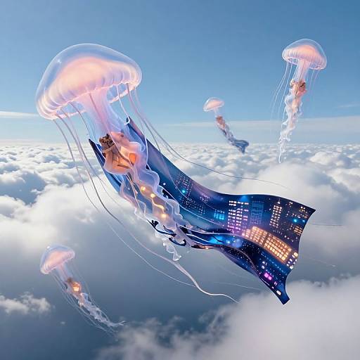 Digital artwork of futuristic, city-ship hybrids floating among glowing jellyfish above a cloud-covered sky, blending technology and nature in a surreal, ethereal