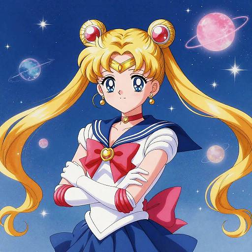 Digital anime illustration of Sailor Moon with long blonde pigtails, blue sailor uniform, red bow, crossed arms, starry night sky, and planets