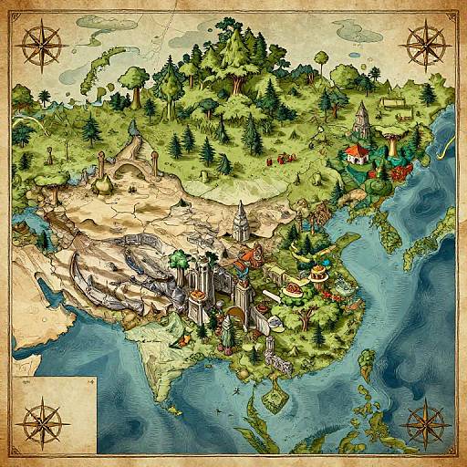Medieval-style map illustration featuring a detailed, colorful island with a castle, village, and forest, surrounded by blue waters, with compass roses in the