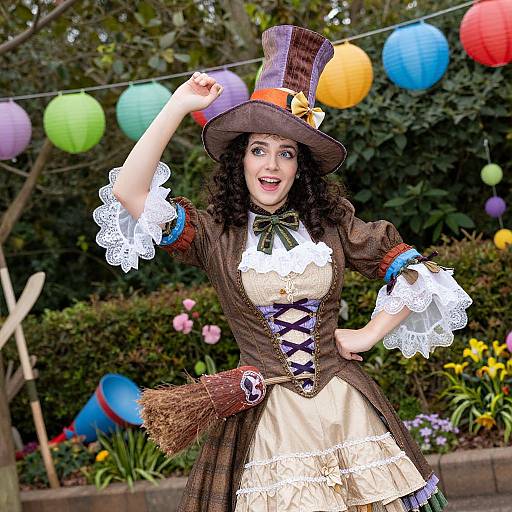 Photograph of a curly-haired woman in a Victorian-style witch outfit, with a top hat, lace trim, broom, and colorful lanterns in