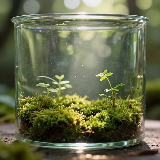 Photograph of a clear glass jar containing vibrant green moss and small, delicate seedlings, bathed in sunlight with a blurred forest background.