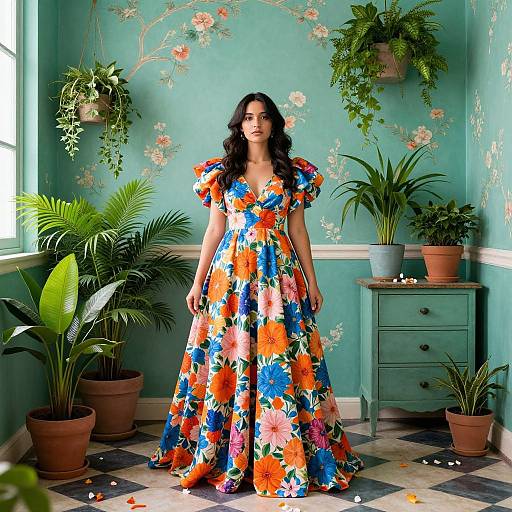 Photograph of a dark-haired woman in a vibrant, floral-patterned dress, standing in a green-walled room with potted plants and floral wall