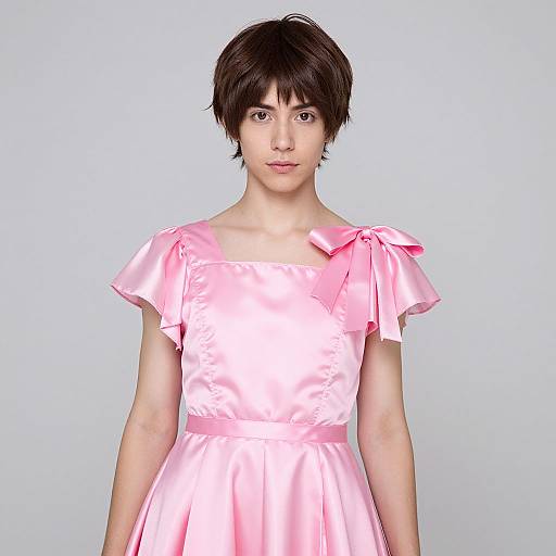 Photograph of a young woman with short dark brown hair, wearing a pink satin off-shoulder dress with a bow, standing against a plain light