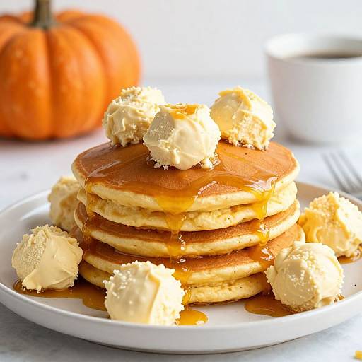 Photograph of golden-brown pancakes with creamy butter chunks, maple syrup drizzle, on a white plate, background includes an orange pumpkin and blurred white