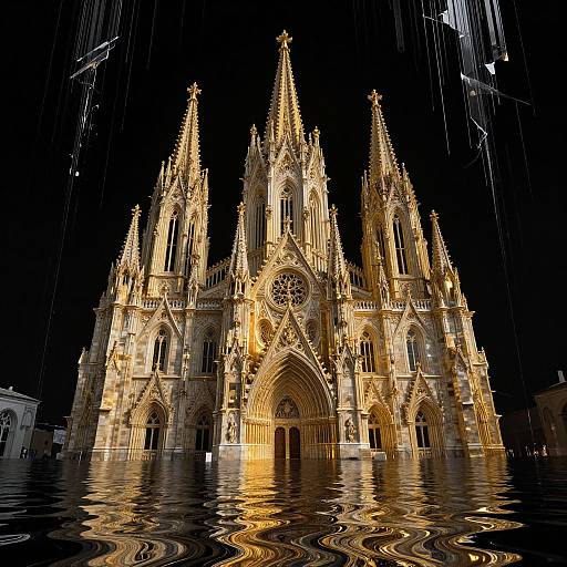 Photograph of illuminated Gothic cathedral with golden lights, reflecting in a dark, rippling water surface, surrounded by a black night sky.