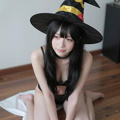 Shy Asian Witch with Black Hat