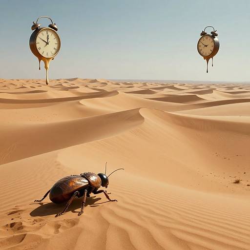 Photograph of a desert with two floating vintage clocks and a beetle crawling on rippled sand under a clear blue sky.