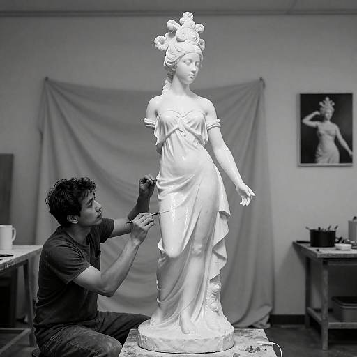 Sculptor at Work: Dramatic Black and White Scene