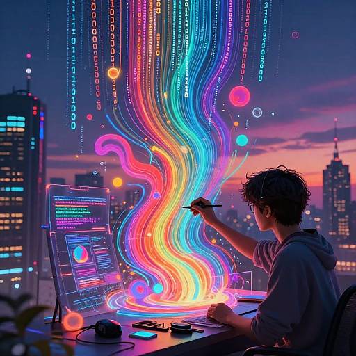 Digital artwork: Neon-waved hologram swirls over a hoodie-clad artist's laptop in a futuristic cityscape at dusk, with colorful lights and