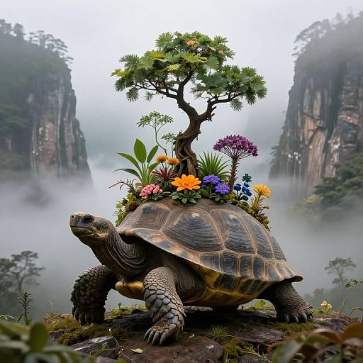 Digital artwork of a turtle with a tree and colorful flowers on its shell, set in a misty mountain landscape.