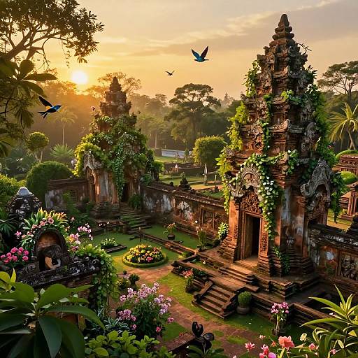 Photograph of a sunlit, ancient, overgrown temple complex with lush greenery, colorful flowers, and birds flying against a golden sunset.