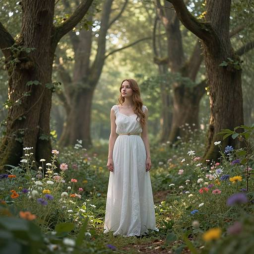 Photograph of a fair-skinned woman with wavy brown hair in a white, lace-trimmed, ankle-length dress standing in a sunlit
