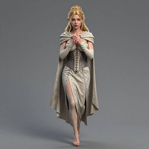 Digital CGI image of a blonde, elf-like woman with pointed ears, wearing a grey corset and cape, barefoot, clasping hands, standing