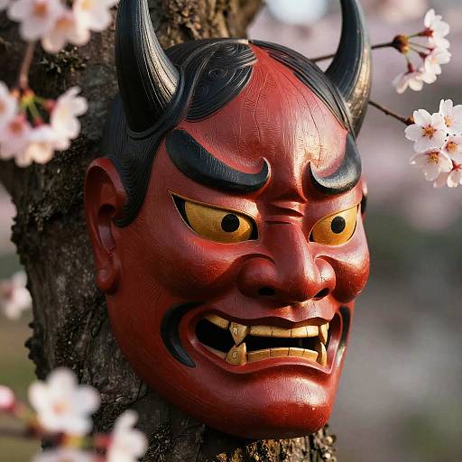 Photograph of a vibrant red, traditional Japanese demon mask with black horns, fierce yellow eyes, and sharp teeth, mounted on a cherry blossom tree branch