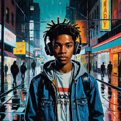 Teenage Boy with Headphones in Neon Rainy Street