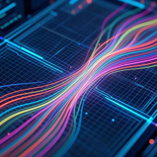 Photograph of colorful, neon light waves converging on a dark, grid-patterned digital screen, resembling a futuristic, high-tech interface.