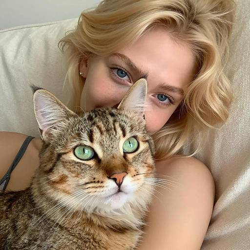 Blonde woman lying with tabby cat