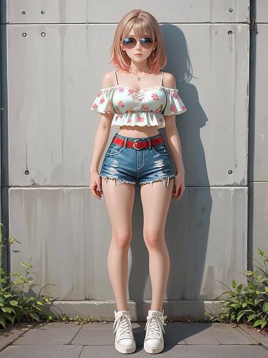 Photograph of a blonde woman with fair skin, wearing a white off-shoulder top, blue denim shorts, red belt, white sneakers, and