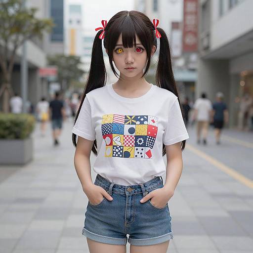 Photograph of an Asian girl with heterochromia, black pigtails, white T-shirt with colorful patch design, and blue denim shorts,